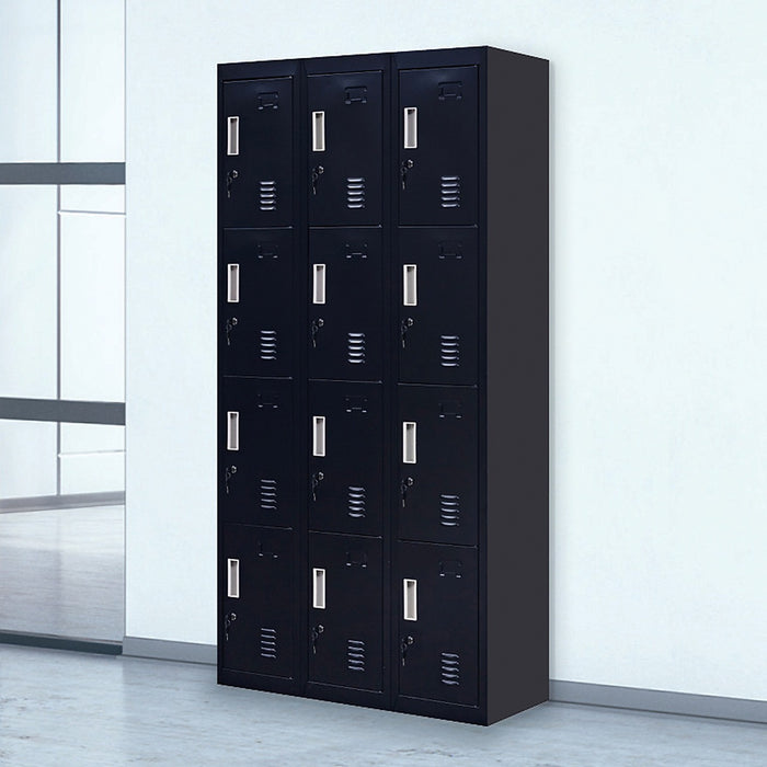 12 Door Locker for Office, Gym, School & Home Storage in Black - Standard Lock with 2 Keys