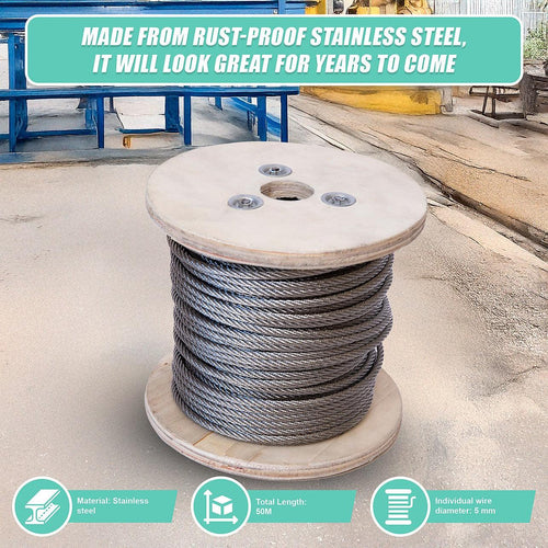  50m Stainless Steel Wire Rope Cable 5mm 316 A4 7x7 Balustrade Fence