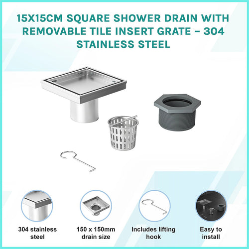 15x15cm Square Shower Drain with Tile Insert Grate – Stainless steel 304SS