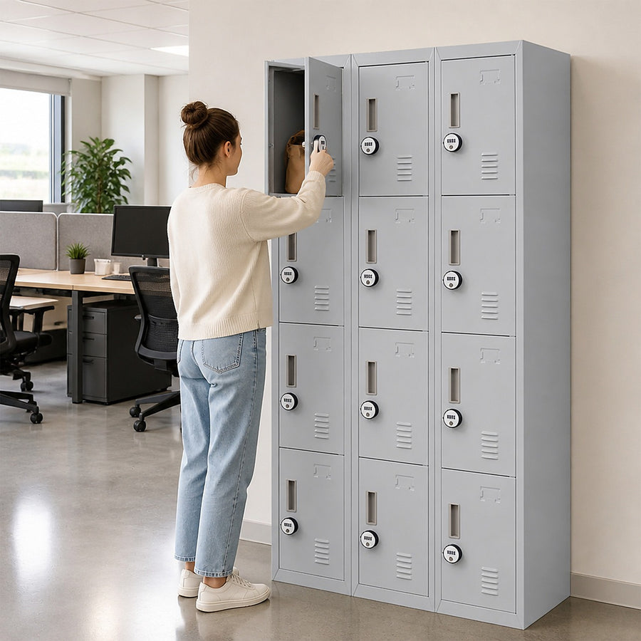 12-Door Steel Locker – Grey, 4-Digit Combination Lock