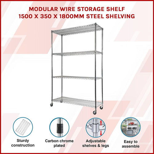 Modular Wire Storage Shelf 1500 x 350 x 1800mm Steel Shelving - Carbon Chrome Plated with Wheels
