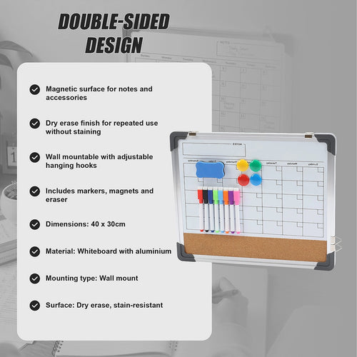 Magnetic Whiteboard Calendar 40x30cm Double Sided Planner