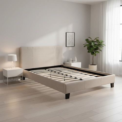 Double Size Bed Frame with Headboard – Beige Linen Fabric