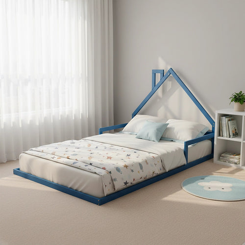 Low Bed for Kids - Blue Pine Wood Double Floor Bed