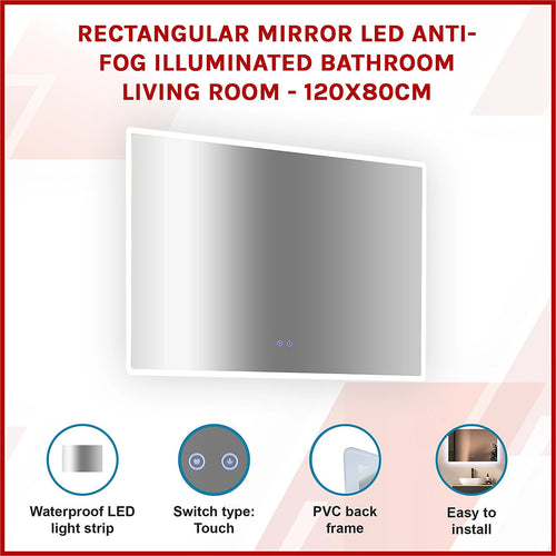 Rectangular Mirror LED Anti-Fog Illuminated Bathroom Living Room - 120 x 80cm