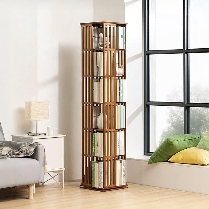 360 Rotating Bookshelf – Bamboo Storage Display Rack & Shelving Unit in Dark Wood