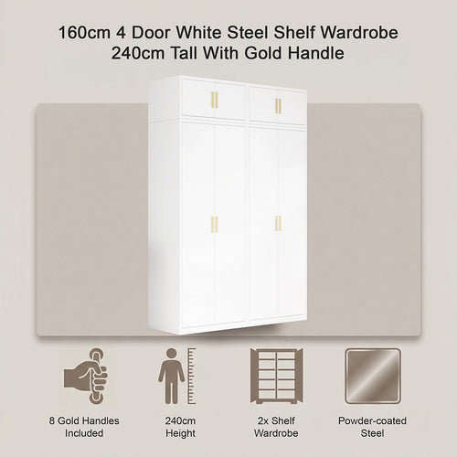 160x240cm 4-Door White Steel Shelf Wardrobe with Gold Handle Storage Cabinet