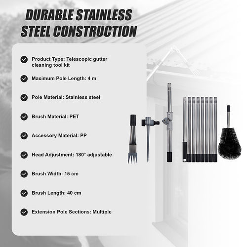 4M Telescopic Gutter Cleaning Tool Kit with Brush, Rake & Pole