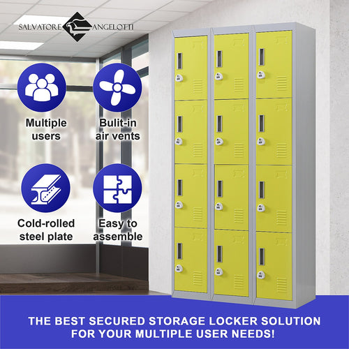 12-Door Locker – Grey with Yellow Door with 3-Digit Combination Lock | Secure Storage for Office, Gym or School Use