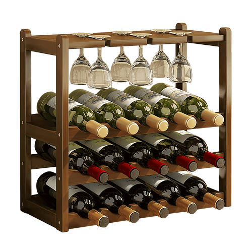 Bamboo Wine Rack Free Standing 15 Bottles with 6 Glasses Holder Storage in Dark Brown