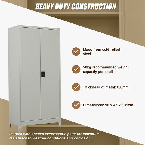Double-Door Metal Cabinet with 4 Shelves – Office, Garage, or Home Storage in Grey with Legs