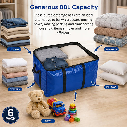 88L Heavy Duty Moving Storage Bags 6 Pack Reinforced Carry Bags with Handles, Straps & Zip for Clothes, Bedding & Moving