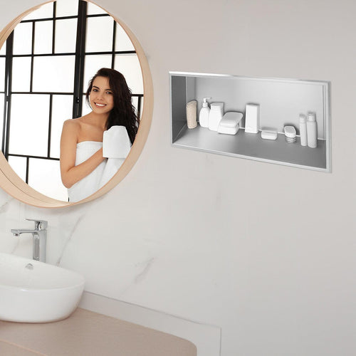 641 x 336 x 101mm Shower Niche Single Shelf Organizer No Tile Needed in Stainless Steel Finish