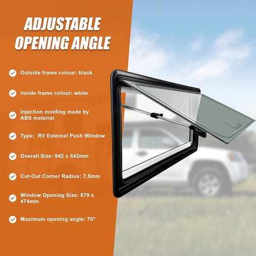 RV Caravan Camper Van Hinged Push Out Window Motorhome Exit Window 900mm x 500mm