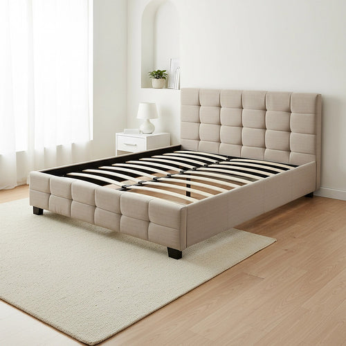 Queen Deluxe Beige Linen Fabric Upholstered Bed Frame with Headboard & Slats