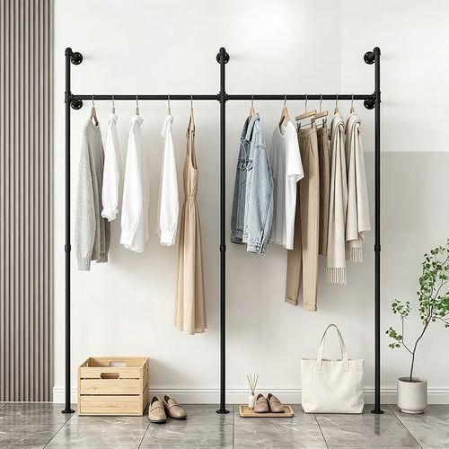 Industrial Pipe Clothes Rack Wall Mounted 201cm Heavy Duty Black