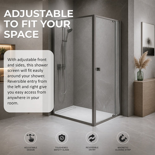 Semi-Frameless Shower Screen – Gunmetal, Front: (74~82)x195cm, Side: (89~92)x195cm