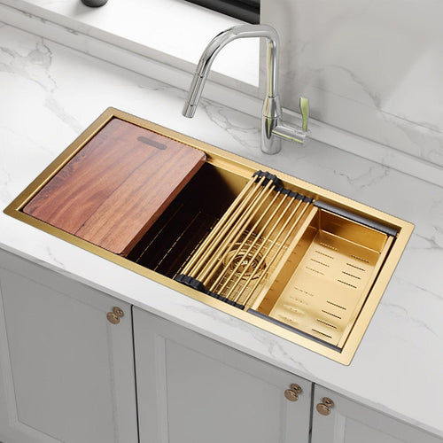 BRIENZ 32-inch Nano Workstation Ledge Undermount 16 Gauge Stainless Steel Kitchen Sink Single Bowl in Gold with sand-finish