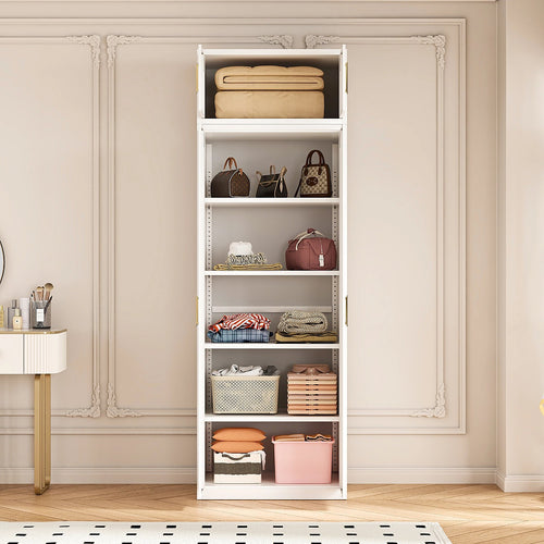 80x240cm 2-Door White Steel Shelf Wardrobe with Gold Handle Storage Cabinet
