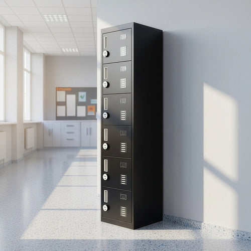 6-Door Black Metal Locker Cabinet – Vertical Storage with 4-Digit Combination Lock for Office, School
