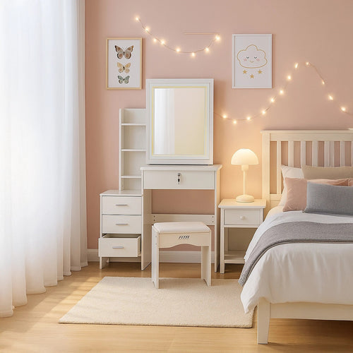 Makeup Vanity Table with LED Lighted Mirror & Stool – Bedroom Dressing Table with Storage Drawers