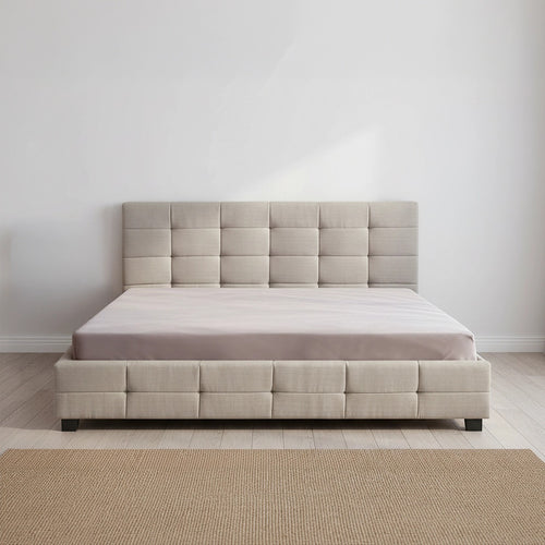 King Deluxe Beige Linen Fabric Upholstered Bed Frame with Headboard & Slats