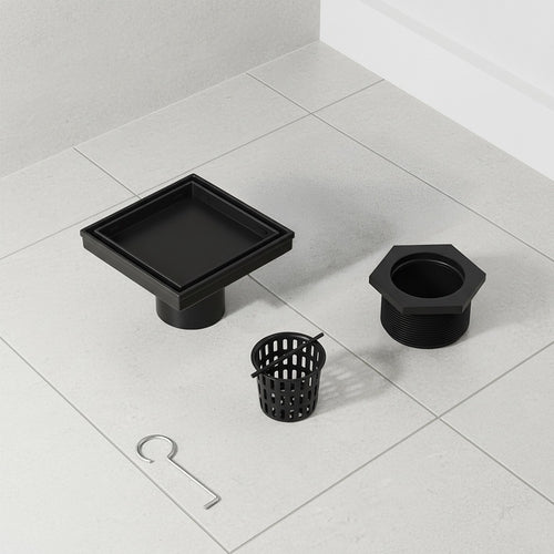10 x 10cm Square Shower Drain with Tile Insert Grate – Matte Black Stainless Steel