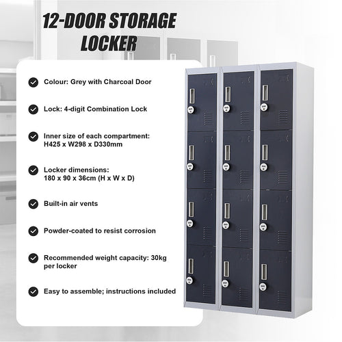 12-Door Steel Locker – Grey with Charcoal Door, 4-Digit Combination Lock