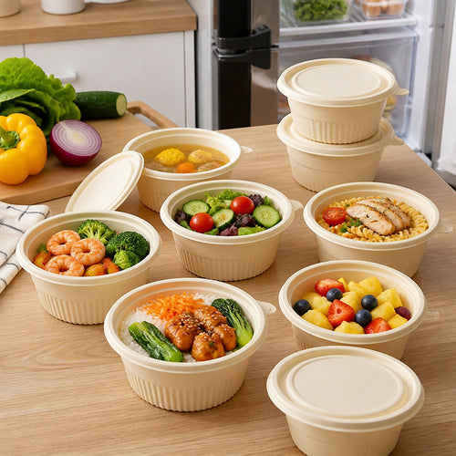 100PCS Corn Starch Food Containers with Lids Round Takeaway Boxes 1000mL