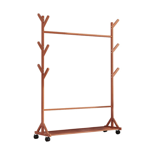 Portable Clothes Rack Coat & Garment Stand – Bamboo Rail Hanger Closet Airer in Dark Wood