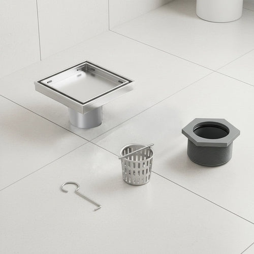 10 x 10cm Square Shower Drain with Tile Insert Grate – Chrome Stainless Steel