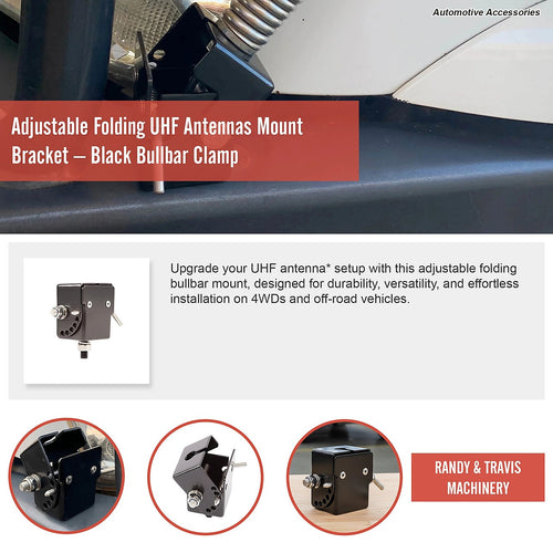 Adjustable Folding UHF Antenna Mount Bracket – Black Bullbar Clamp for 4WD, Truck & Off-Road Vehicles
