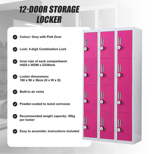 12-Door Steel Locker – Grey with Pink Door, 4-Digit Combination Lock