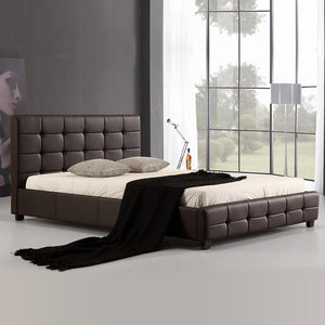 Queen Brown PU Leather Deluxe Bed Frame