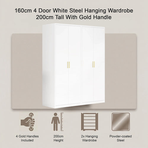 160x200cm 4-Door White Steel Hanging Wardrobe with Gold Handle Storage Cabinet