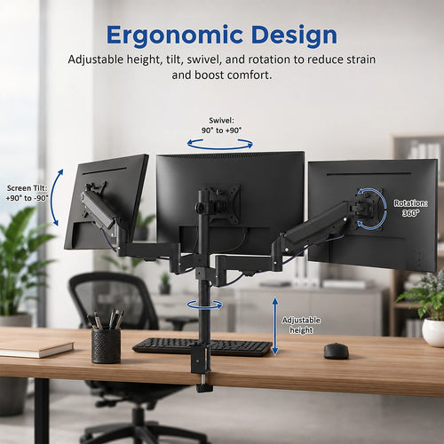 Triple Computer Monitor Mount Stand – Desk Clamp with 3 Adjustable Arms for Multi-Screen Display Setup