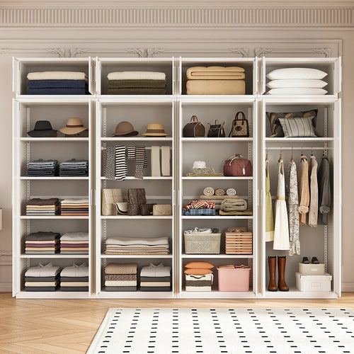 320x240cm 8-Door White Steel 1 Hanging and 3 Shelf Wardrobe with White Handle Storage Cabinet