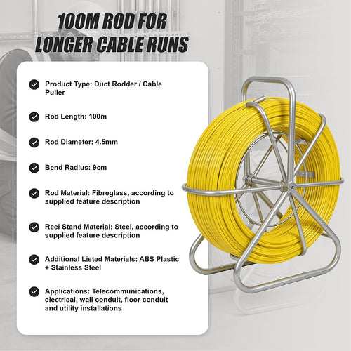 Duct Rodder 100m x 4.5mm Fibreglass Cable Puller with Steel Reel