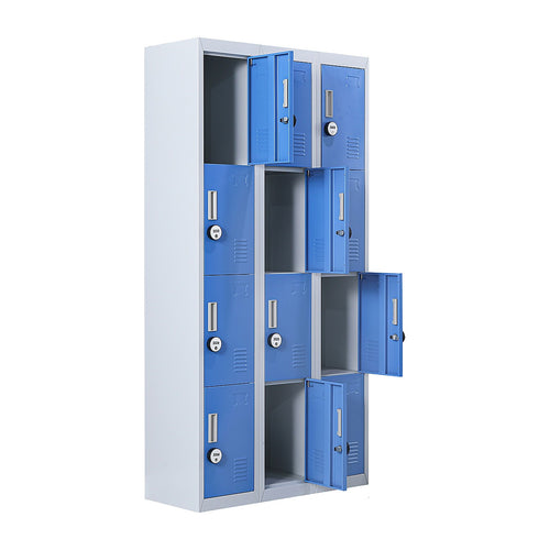 12-Door Steel Locker – Grey with Blue Door, 4-Digit Combination Lock