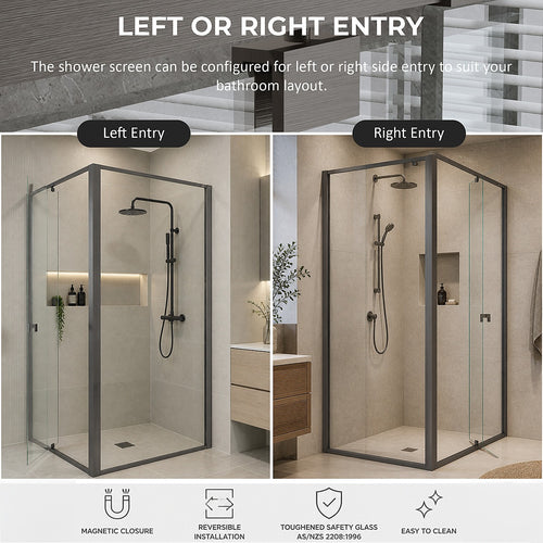 Semi-Frameless Shower Screen – Gunmetal, Front: (98~106)x195cm, Side: (89~92)x195cm