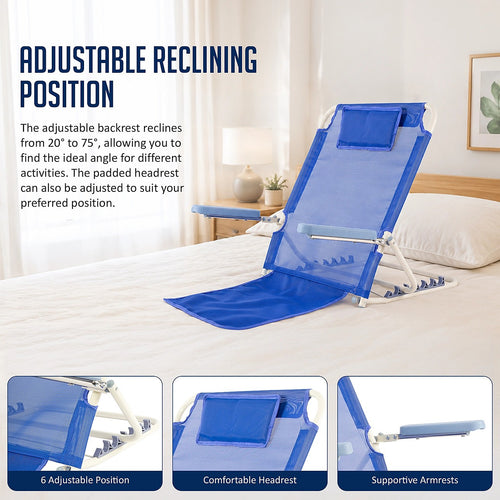 Adjustable Bed Backrest Support Chair with Armrests & Headrest Foldable Bed Rest Reading Back Support 90kg