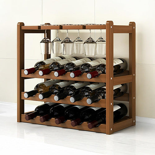 Bamboo Wine Rack Free Standing 15 Bottles with 6 Glasses Holder Storage in Dark Brown