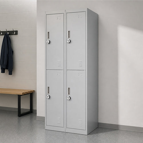 4-Door Metal Locker – 2x2 Layout, Grey, 4-Digit Combination Lock