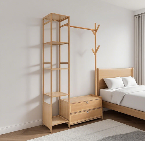 165x100cm Bamboo Clothes Rack Stand with Storage Shelves – Freestanding Garment Organiser in Wood