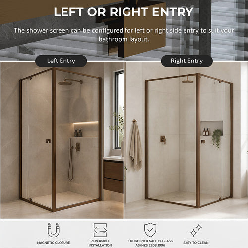 Semi-Frameless Shower Screen – Dust Brown, Front: (74~82)x195cm, Side: (89~92)x195cm