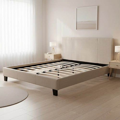 Double Size Bed Frame with Headboard – Beige Linen Fabric
