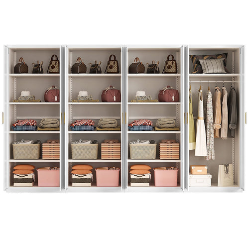 320x200cm 8-Door White Steel 1 Hanging and 3 Shelf Wardrobe with Gold Handle Storage Cabinet