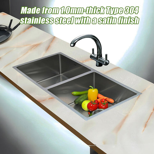 1.0mm Handmade Double Stainless Steel Sink with Waste - 865x440mm