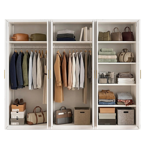 240x200cm 6-Door White Steel 2 Hanging and 1 Shelf Wardrobe with Gold Handle Storage Cabinet