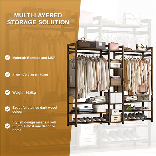 Portable Clothes Rack Coat Garment Stand Bamboo Rail - Dark Wood